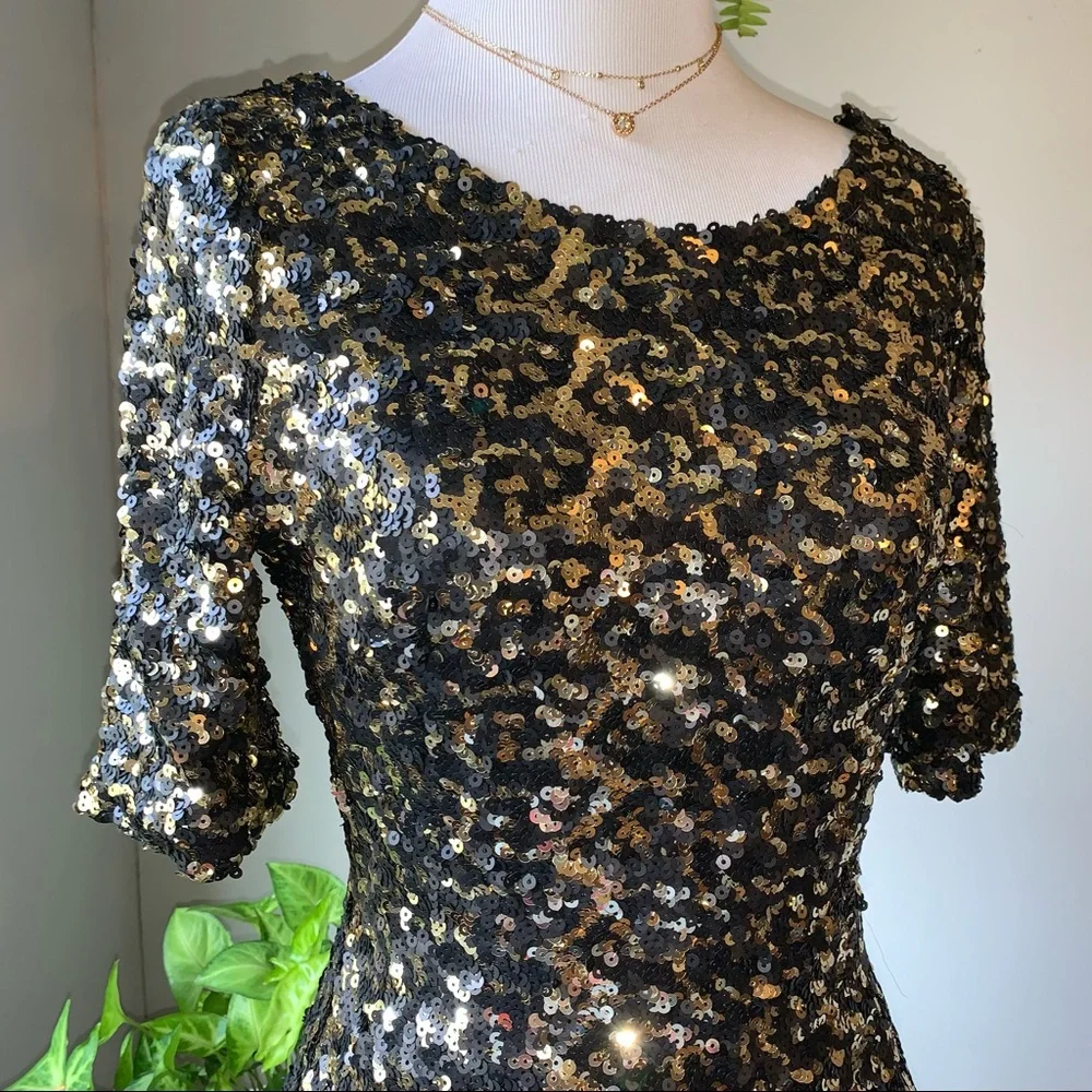 Gianni Bini Fully Sequined Black Gold Mix Mini Dress New Years Homecoming Prom! - Picture 3 of 14